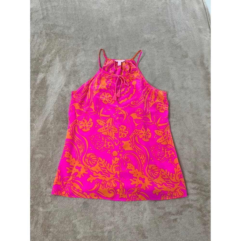Lilly Pulitzer Silk Halter Top Pink Shell Print Tassel Tie Blouse 97923 Mens M